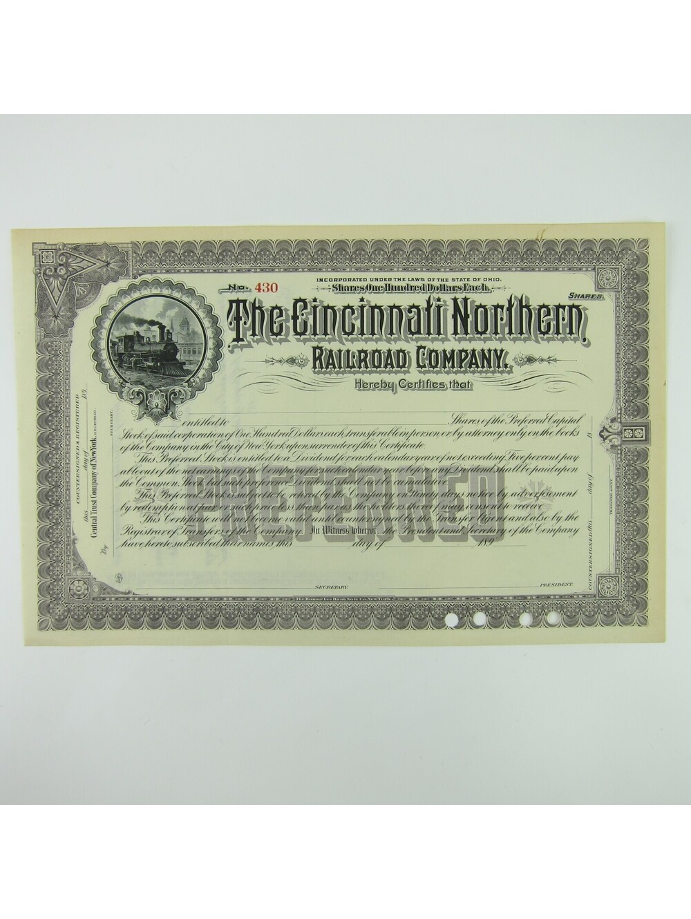 Antique 1890s Cincinnati Northern Railroad Co Stock Certificate Railroad Stocks